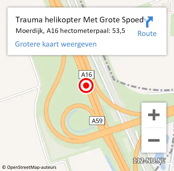 Locatie op kaart van de 112 melding: Trauma helikopter Met Grote Spoed Naar Moerdijk, A16 hectometerpaal: 53,5 op 21 mei 2024 16:41
