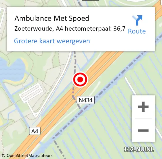 Locatie op kaart van de 112 melding: Ambulance Met Spoed Naar Zoeterwoude, A4 hectometerpaal: 36,7 op 21 mei 2024 16:58