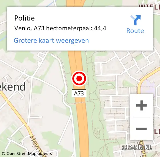 Locatie op kaart van de 112 melding: Politie Venlo, A73 hectometerpaal: 44,4 op 21 mei 2024 17:56