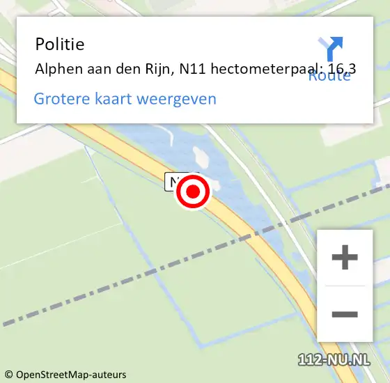 Locatie op kaart van de 112 melding: Politie Alphen aan den Rijn, N11 hectometerpaal: 16,3 op 21 mei 2024 18:00