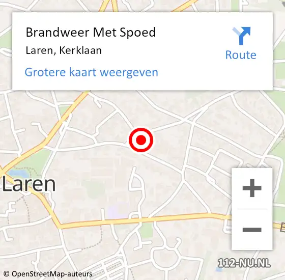 Locatie op kaart van de 112 melding: Brandweer Met Spoed Naar Laren, Kerklaan op 21 mei 2024 18:12