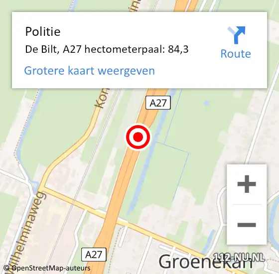 Locatie op kaart van de 112 melding: Politie De Bilt, A27 hectometerpaal: 84,3 op 21 mei 2024 18:20