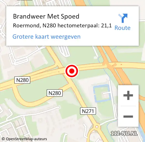 Locatie op kaart van de 112 melding: Brandweer Met Spoed Naar Roermond, N280 hectometerpaal: 21,1 op 21 mei 2024 18:33