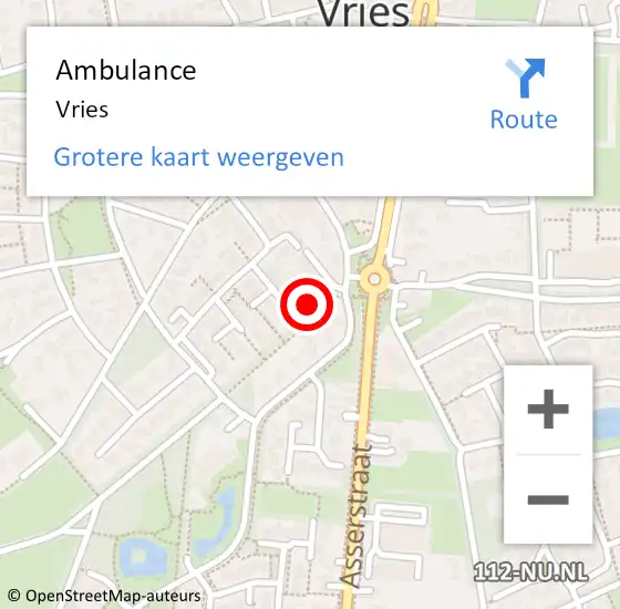 Locatie op kaart van de 112 melding: Ambulance Vries op 21 mei 2024 18:52