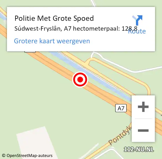 Locatie op kaart van de 112 melding: Politie Met Grote Spoed Naar Súdwest-Fryslân, A7 hectometerpaal: 128,8 op 21 mei 2024 20:02