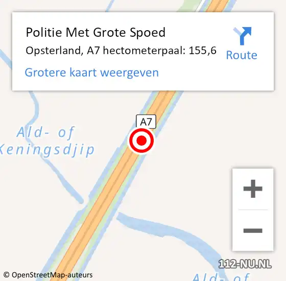 Locatie op kaart van de 112 melding: Politie Met Grote Spoed Naar Opsterland, A7 hectometerpaal: 155,6 op 21 mei 2024 20:03