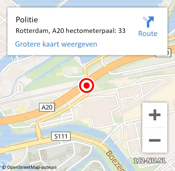 Locatie op kaart van de 112 melding: Politie Rotterdam, A20 hectometerpaal: 33 op 21 mei 2024 21:56