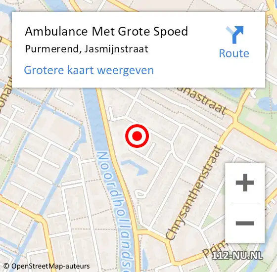 Locatie op kaart van de 112 melding: Ambulance Met Grote Spoed Naar Purmerend, Jasmijnstraat op 21 mei 2024 22:23