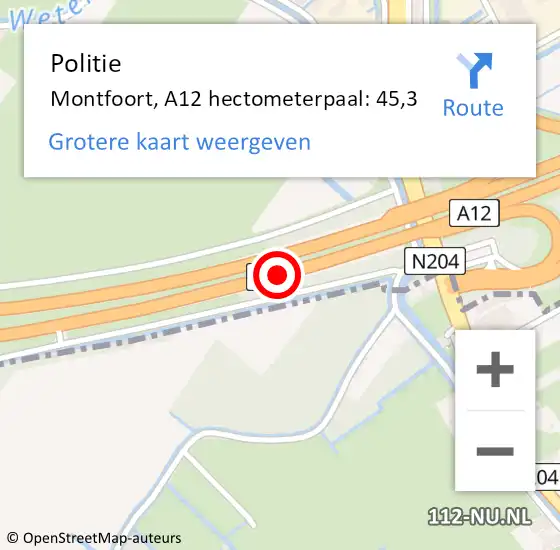 Locatie op kaart van de 112 melding: Politie Montfoort, A12 hectometerpaal: 45,3 op 21 mei 2024 22:52