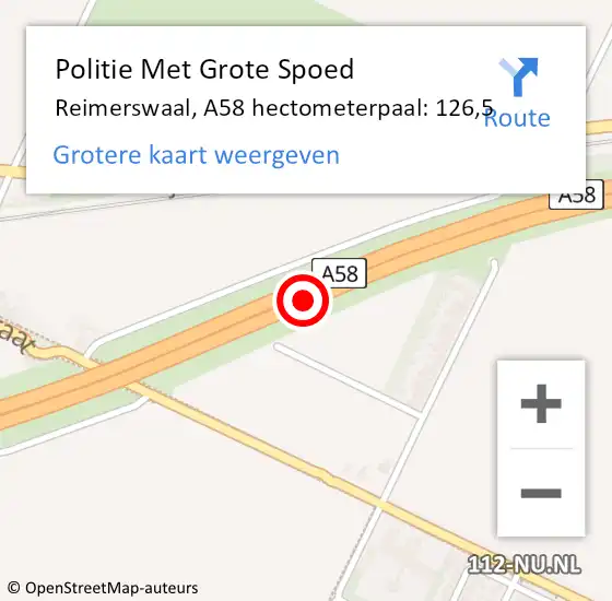 Locatie op kaart van de 112 melding: Politie Met Grote Spoed Naar Reimerswaal, A58 hectometerpaal: 126,5 op 21 mei 2024 22:56