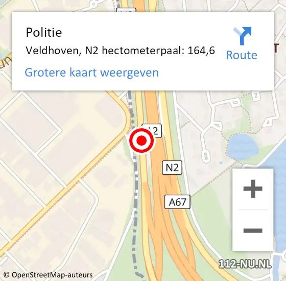 Locatie op kaart van de 112 melding: Politie Veldhoven, N2 hectometerpaal: 164,6 op 22 mei 2024 07:18