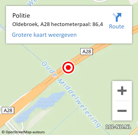 Locatie op kaart van de 112 melding: Politie Oldebroek, A28 hectometerpaal: 86,4 op 22 mei 2024 07:41