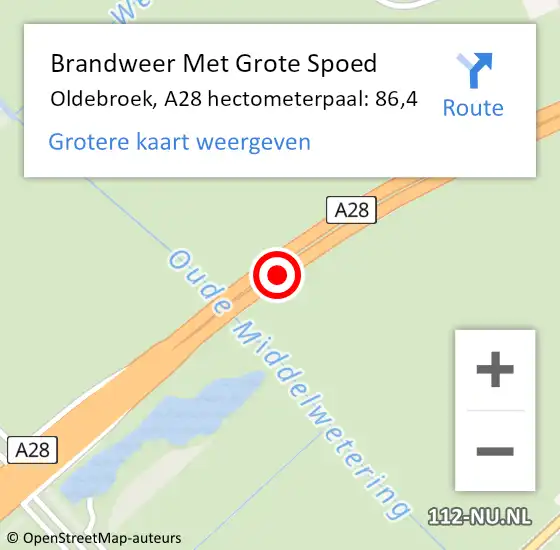 Locatie op kaart van de 112 melding: Brandweer Met Grote Spoed Naar Oldebroek, A28 hectometerpaal: 86,4 op 22 mei 2024 07:44
