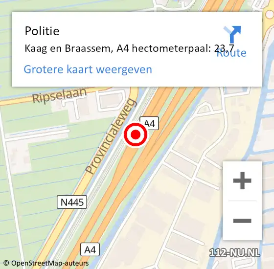 Locatie op kaart van de 112 melding: Politie Kaag en Braassem, A4 hectometerpaal: 23,7 op 22 mei 2024 07:45
