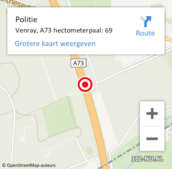 Locatie op kaart van de 112 melding: Politie Venray, A73 hectometerpaal: 69 op 22 mei 2024 08:42