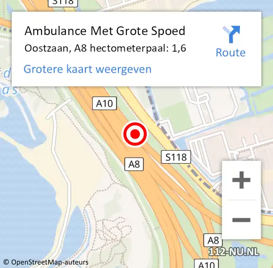 Locatie op kaart van de 112 melding: Ambulance Met Grote Spoed Naar Oostzaan, A8 hectometerpaal: 1,6 op 22 mei 2024 08:46