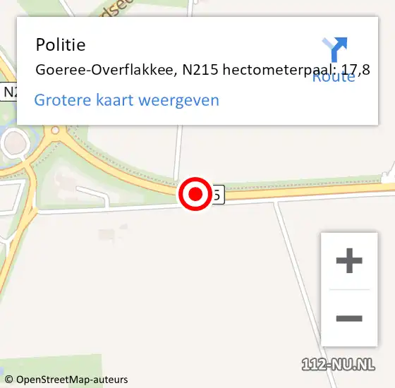 Locatie op kaart van de 112 melding: Politie Goeree-Overflakkee, N215 hectometerpaal: 17,8 op 22 mei 2024 09:09