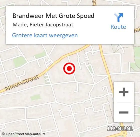 Locatie op kaart van de 112 melding: Brandweer Met Grote Spoed Naar Made, Pieter Jacopstraat op 22 mei 2024 10:15