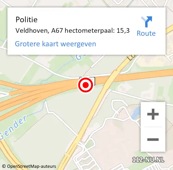 Locatie op kaart van de 112 melding: Politie Veldhoven, A67 hectometerpaal: 15,3 op 22 mei 2024 11:29