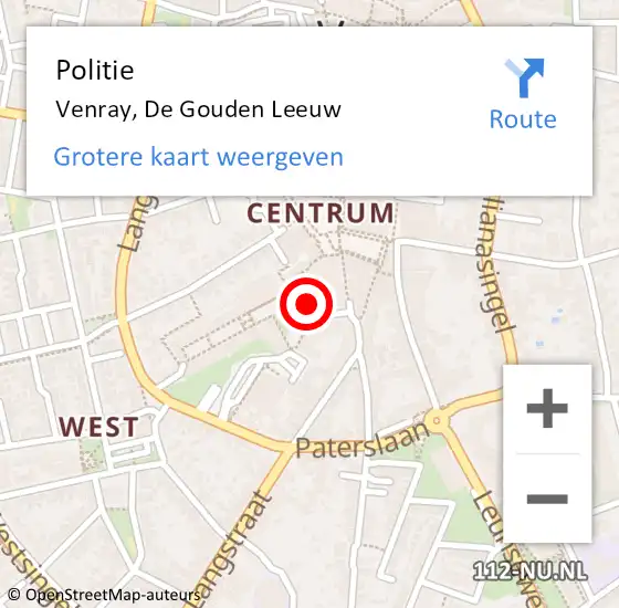 Locatie op kaart van de 112 melding: Politie Venray, De Gouden Leeuw op 22 mei 2024 11:39