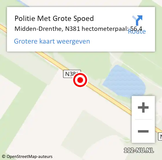 Locatie op kaart van de 112 melding: Politie Met Grote Spoed Naar Midden-Drenthe, N381 hectometerpaal: 56,4 op 22 mei 2024 11:56