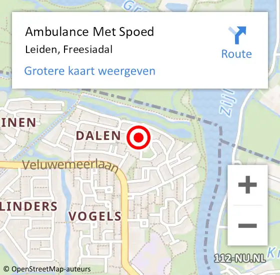 Locatie op kaart van de 112 melding: Ambulance Met Spoed Naar Leiden, Freesiadal op 22 mei 2024 13:00