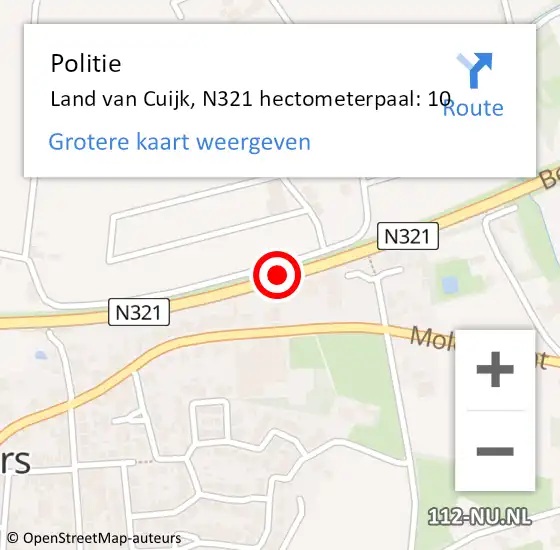 Locatie op kaart van de 112 melding: Politie Land van Cuijk, N321 hectometerpaal: 10 op 22 mei 2024 13:03