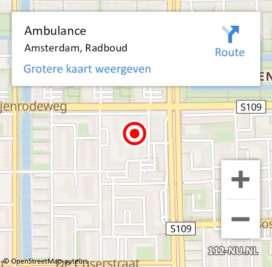 Locatie op kaart van de 112 melding: Ambulance Amsterdam, Radboud op 22 mei 2024 13:13