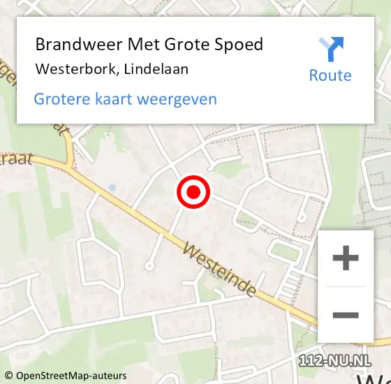 Locatie op kaart van de 112 melding: Brandweer Met Grote Spoed Naar Westerbork, Lindelaan op 22 mei 2024 13:56