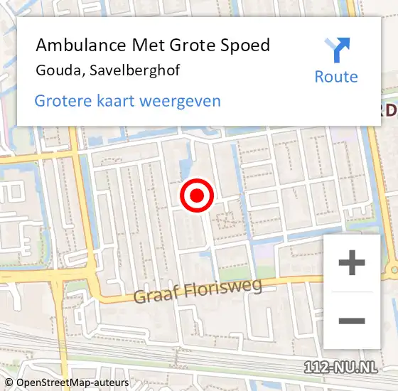 Locatie op kaart van de 112 melding: Ambulance Met Grote Spoed Naar Gouda, Savelberghof op 22 mei 2024 14:02