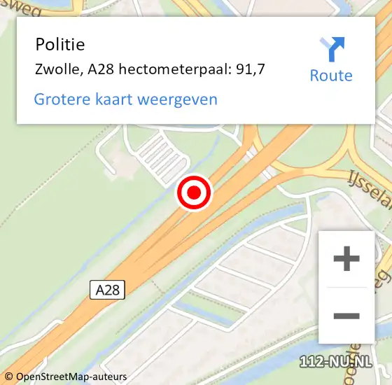 Locatie op kaart van de 112 melding: Politie Zwolle, A28 hectometerpaal: 91,7 op 22 mei 2024 14:13