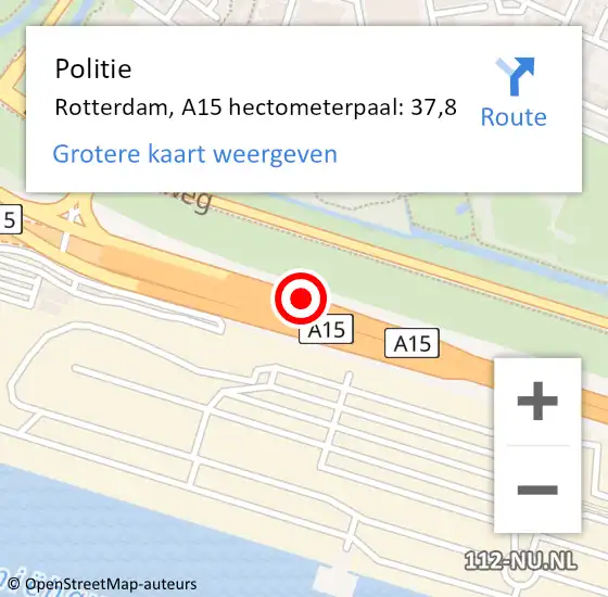Locatie op kaart van de 112 melding: Politie Rotterdam, A15 hectometerpaal: 37,8 op 22 mei 2024 14:55