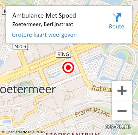 Locatie op kaart van de 112 melding: Ambulance Met Spoed Naar Zoetermeer, Berlijnstraat op 22 mei 2024 15:16