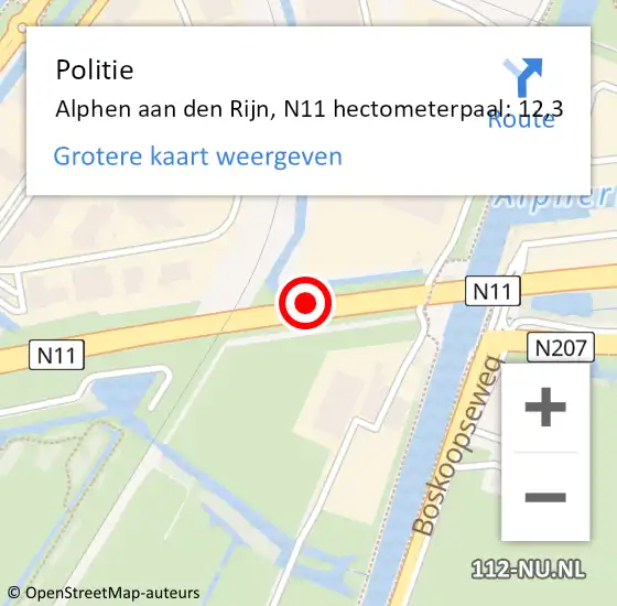 Locatie op kaart van de 112 melding: Politie Alphen aan den Rijn, N11 hectometerpaal: 12,3 op 22 mei 2024 15:19