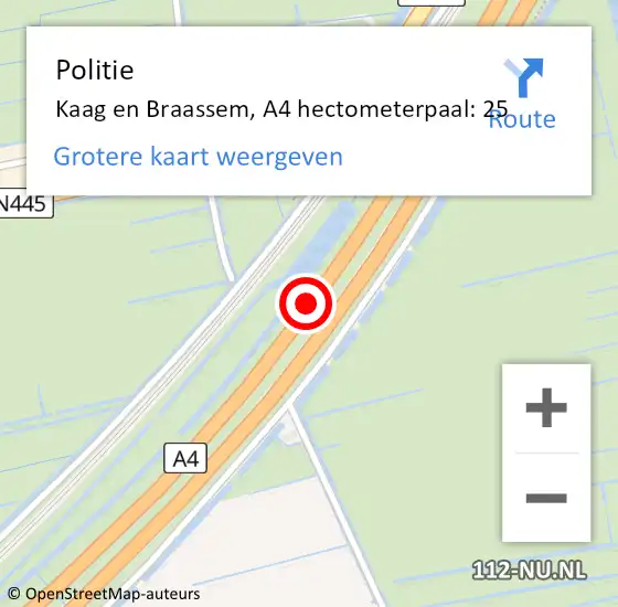 Locatie op kaart van de 112 melding: Politie Kaag en Braassem, A4 hectometerpaal: 25 op 22 mei 2024 15:26