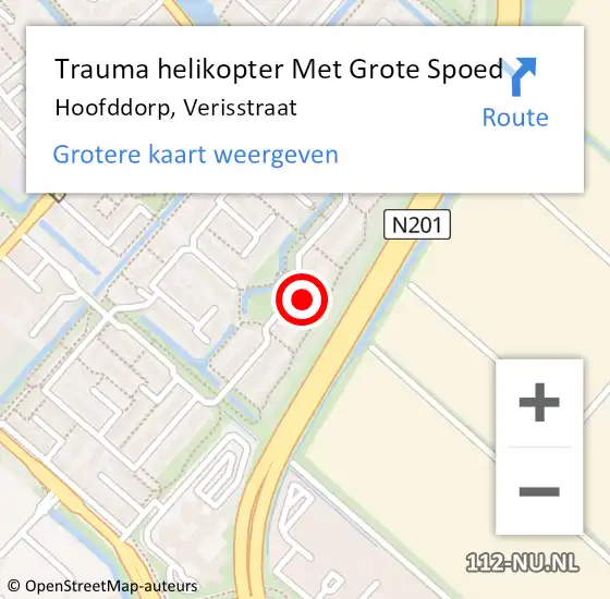 Locatie op kaart van de 112 melding: Trauma helikopter Met Grote Spoed Naar Hoofddorp, Verisstraat op 22 mei 2024 15:29