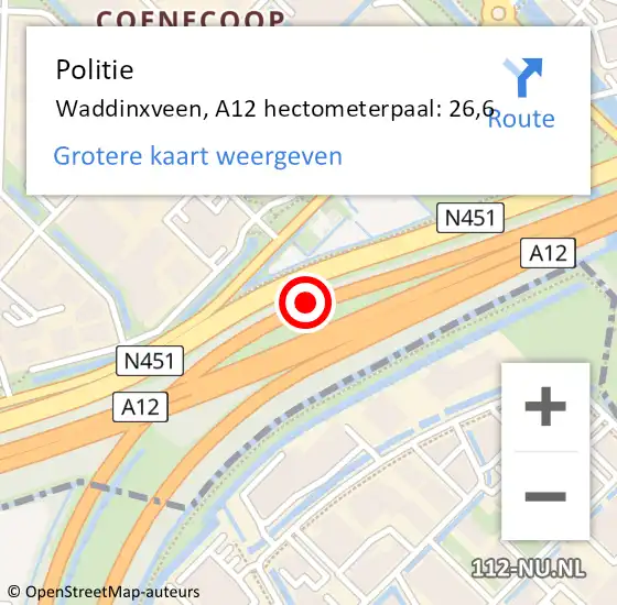 Locatie op kaart van de 112 melding: Politie Waddinxveen, A12 hectometerpaal: 26,6 op 22 mei 2024 15:35