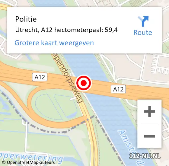 Locatie op kaart van de 112 melding: Politie Utrecht, A12 hectometerpaal: 59,4 op 22 mei 2024 15:38