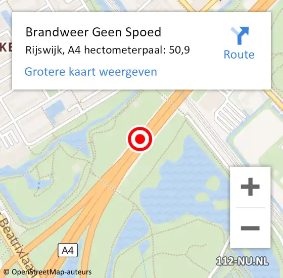 Locatie op kaart van de 112 melding: Brandweer Geen Spoed Naar Rijswijk, A4 hectometerpaal: 50,9 op 22 mei 2024 15:49
