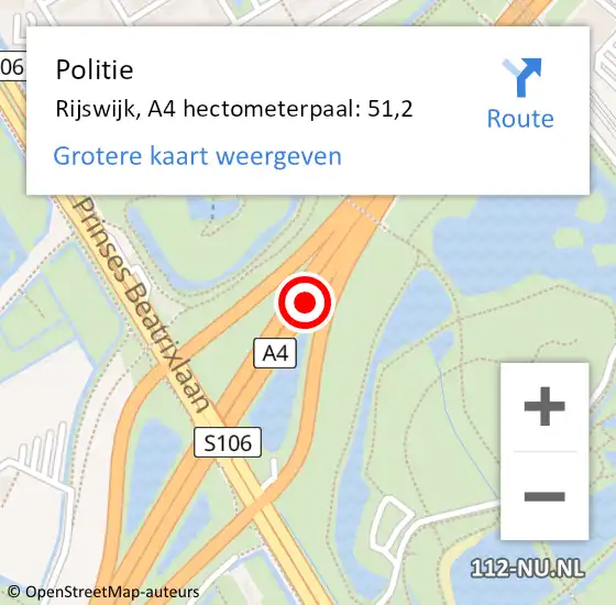 Locatie op kaart van de 112 melding: Politie Rijswijk, A4 hectometerpaal: 51,2 op 22 mei 2024 16:21