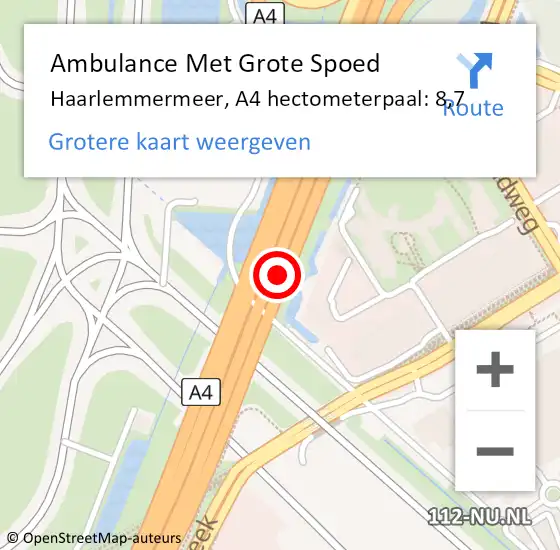 Locatie op kaart van de 112 melding: Ambulance Met Grote Spoed Naar Haarlemmermeer, A4 hectometerpaal: 8,7 op 22 mei 2024 16:24