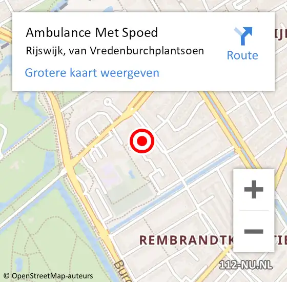 Locatie op kaart van de 112 melding: Ambulance Met Spoed Naar Rijswijk, van Vredenburchplantsoen op 22 mei 2024 16:25