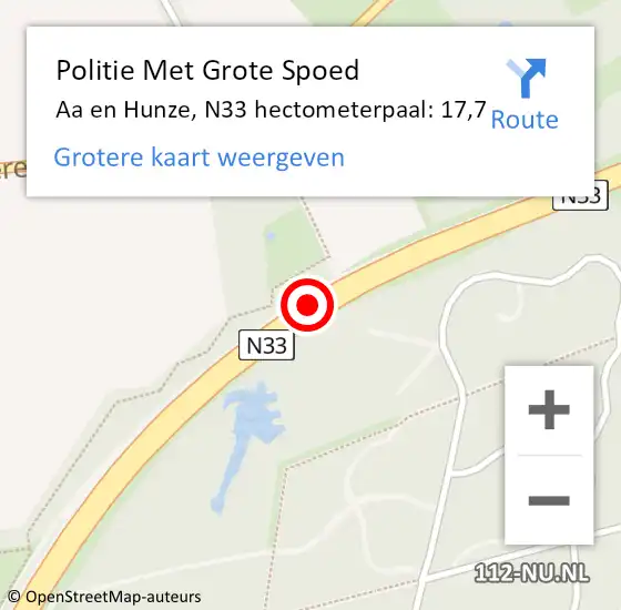 Locatie op kaart van de 112 melding: Politie Met Grote Spoed Naar Aa en Hunze, N33 hectometerpaal: 17,7 op 22 mei 2024 16:41
