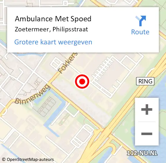 Locatie op kaart van de 112 melding: Ambulance Met Spoed Naar Zoetermeer, Philipsstraat op 22 mei 2024 16:59