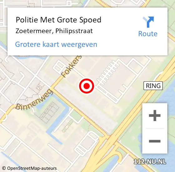 Locatie op kaart van de 112 melding: Politie Met Grote Spoed Naar Zoetermeer, Philipsstraat op 22 mei 2024 17:08