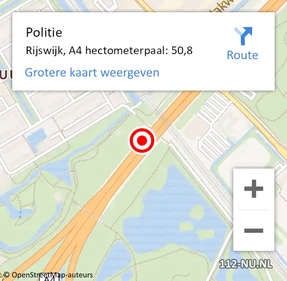 Locatie op kaart van de 112 melding: Politie Rijswijk, A4 hectometerpaal: 50,8 op 22 mei 2024 17:20