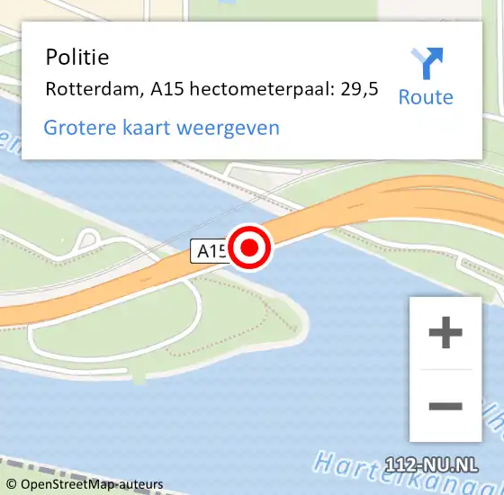Locatie op kaart van de 112 melding: Politie Rotterdam, A15 hectometerpaal: 29,5 op 22 mei 2024 17:34
