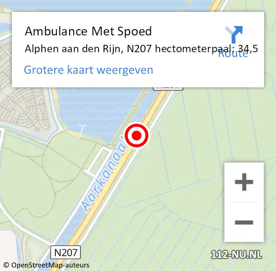 Locatie op kaart van de 112 melding: Ambulance Met Spoed Naar Alphen aan den Rijn, N207 hectometerpaal: 34,5 op 22 mei 2024 19:21