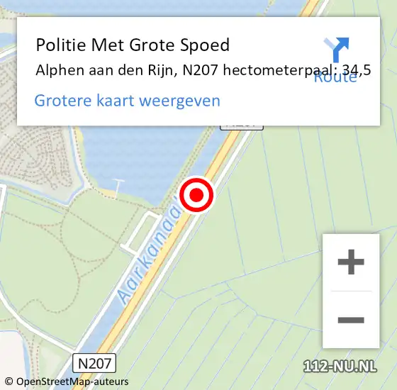 Locatie op kaart van de 112 melding: Politie Met Grote Spoed Naar Alphen aan den Rijn, N207 hectometerpaal: 34,5 op 22 mei 2024 19:23
