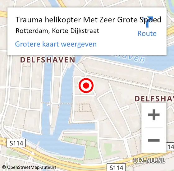 Locatie op kaart van de 112 melding: Trauma helikopter Met Zeer Grote Spoed Naar Rotterdam, Korte Dijkstraat op 22 mei 2024 19:53
